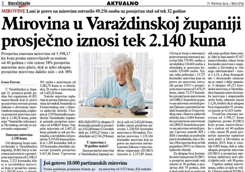 Mirovina u Varaždinskoj županiji prosječno iznosi tek 2.140 kuna