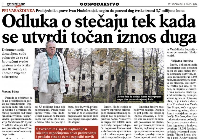 Odluka o stečaju Varaždinke tek kada se utvrdi točan iznos duga