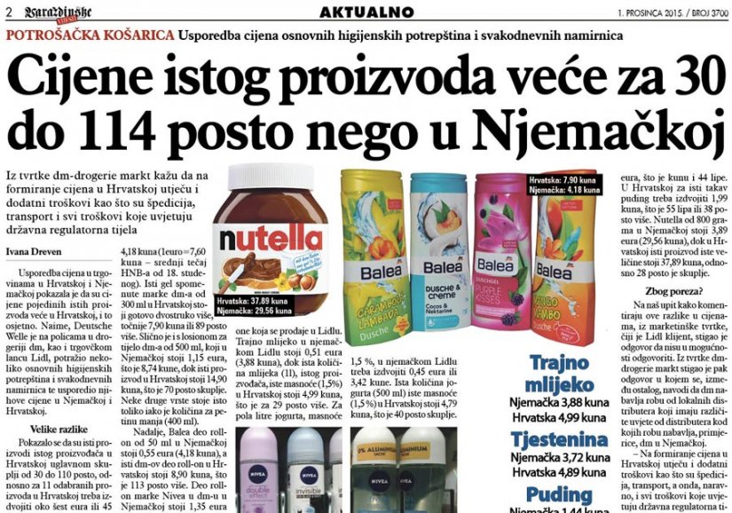 Cijene u Hrvatskoj veće za 30 do 114 posto nego u Njemačkoj