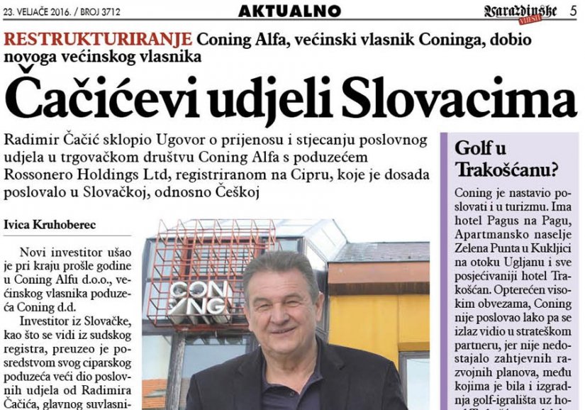 Čačićevi udjeli u Coning Alfi Slovacima