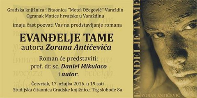„Evanđelje tame“ Zorana Antičevića u varaždinskoj knjižnici u četvrtak