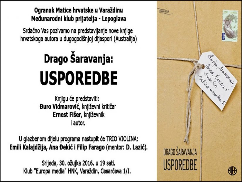 „Usporedbe“ – danas promocija nove knjige Drage Šaravanje, povratnika iz iseljeništva