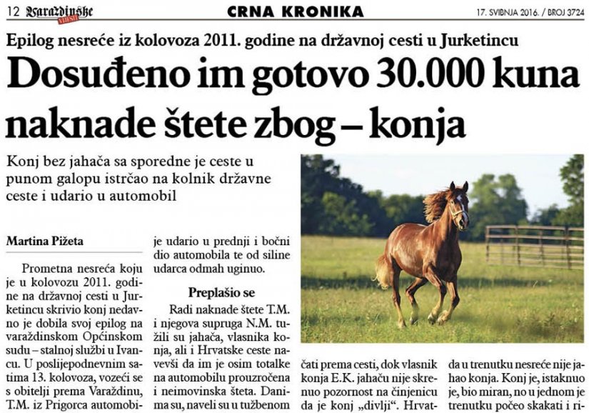 Dosuđeno im gotovo 30.000 kuna naknade štete zbog – konja