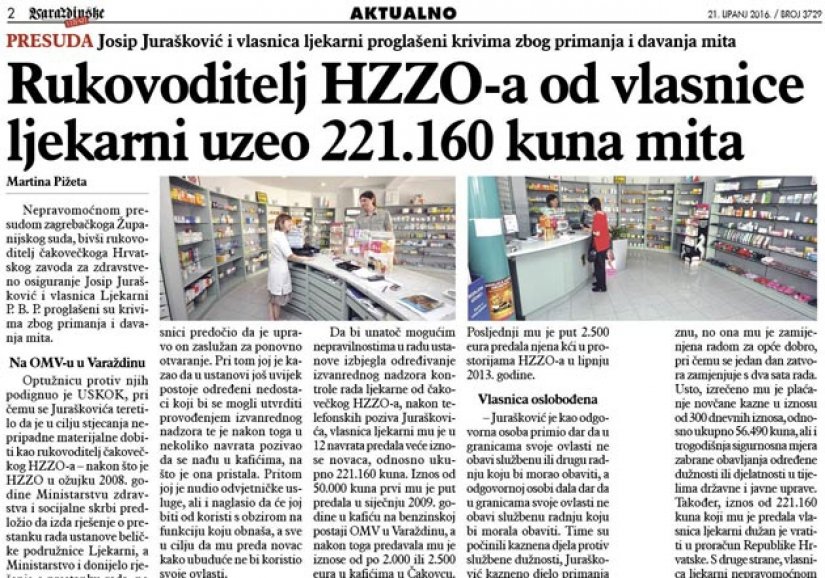 Rukovoditelj HZZO-a od vlasnice ljekarni uzeo 221.160 kuna