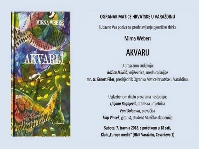 Promocija zbirke pjesama &quot;Akvarij&quot; varaždinske autorice Mirne Weber u subotu