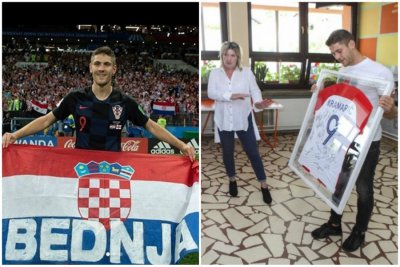 Andrej Kramarić nakon utakmice s Rusijom na prošlogodišnjem SP-u (lijevo) i prilikom posjeta OŠ u Bednji