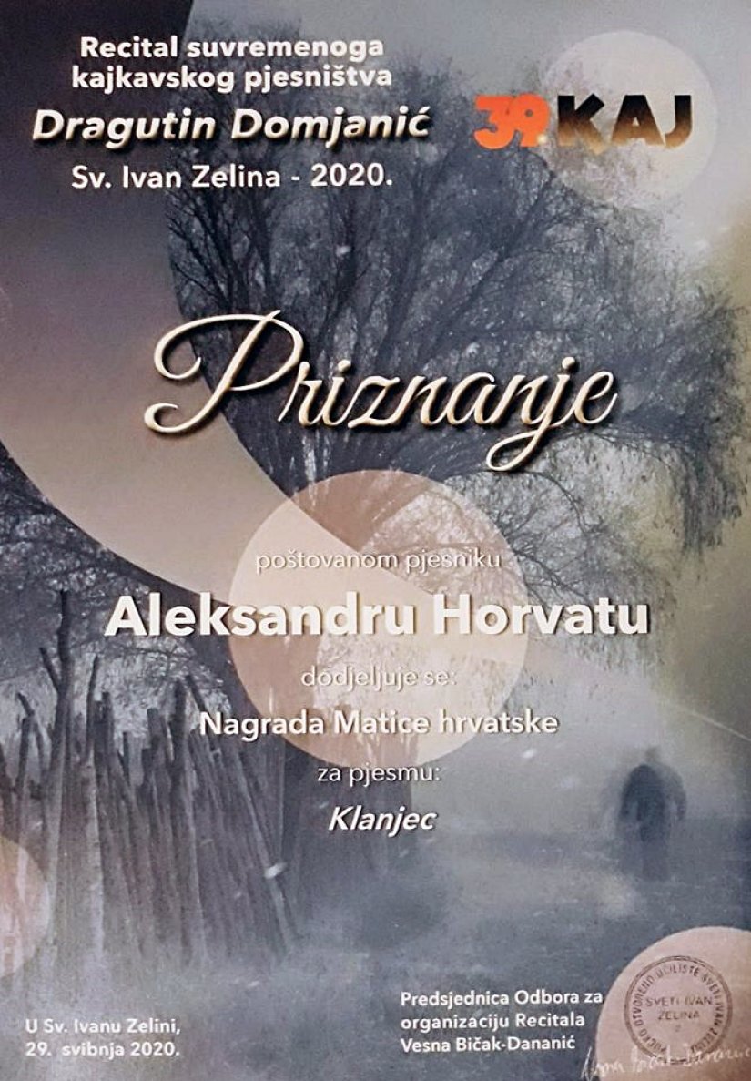 Ludbrežanin Aleksandar Horvat dobitnik nagrade Matice Hrvatske za pjesmu &quot;Klanjec&quot;