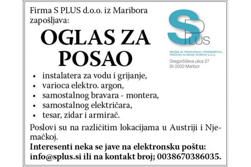Firma S PLUS d.o.o. iz Maribora traži zaposlenike