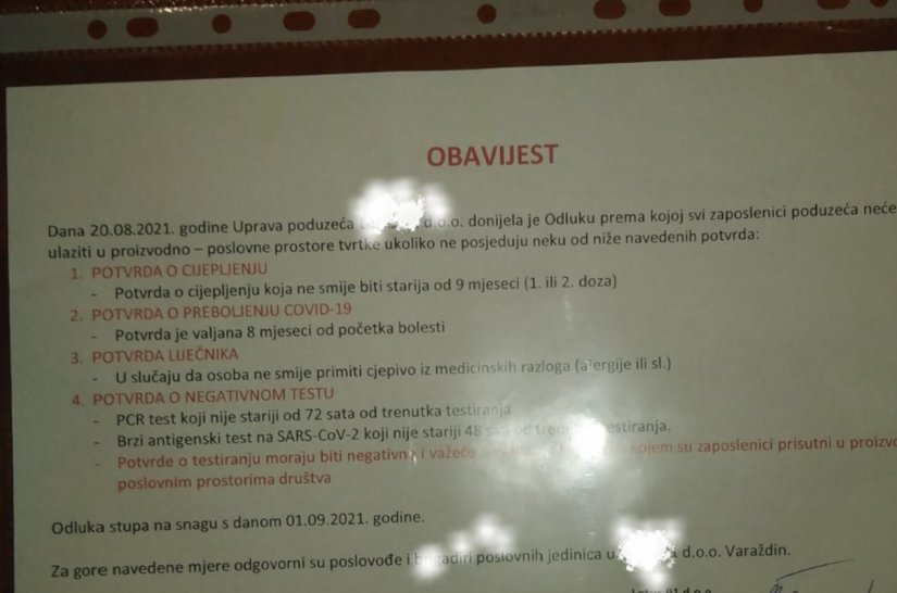 Otkazi onima koji se ne cijepe, odnosno nisu preboljeli zarazu ili nemaju negativan test svaka 72 sata!?