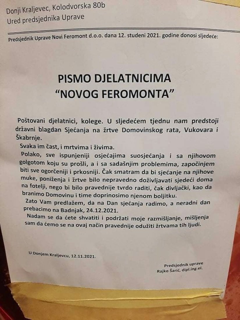 Predsjednik uprave Novog Feromonta predložio radnicima: Praznik 18. studenog radni, a Badnjak neradni