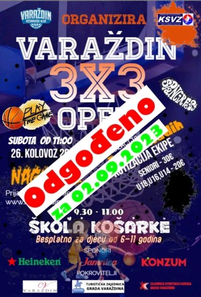 Varaždin Open 3x3 turnir odgođen za tjedan dana zbog najave visokih vrućina