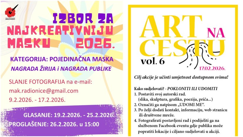 Udruga MAK organizira ART NA CESTU vol. 6 i Izbor za najkreativniju masku 2026.