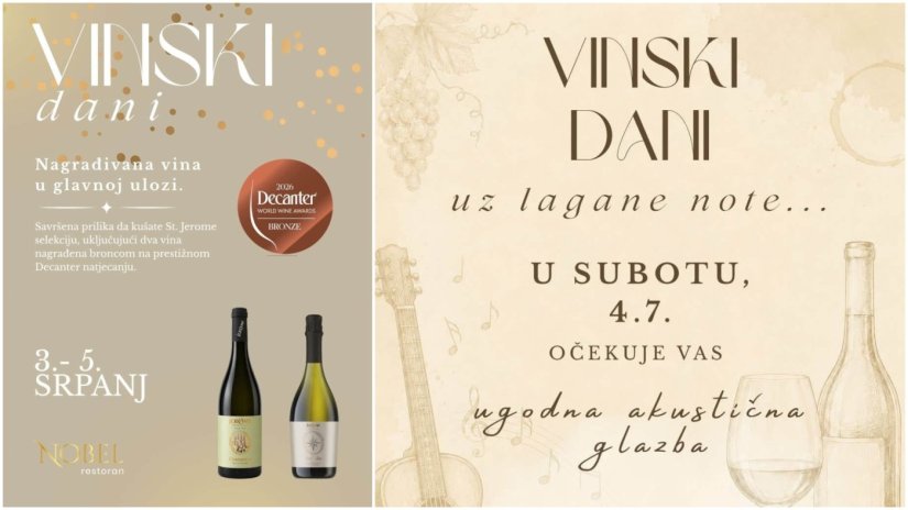 Dobitnik/ica vinskog menija za dvije osobe na St. Jerome vinskim danima u Restoranu Nobel je...
